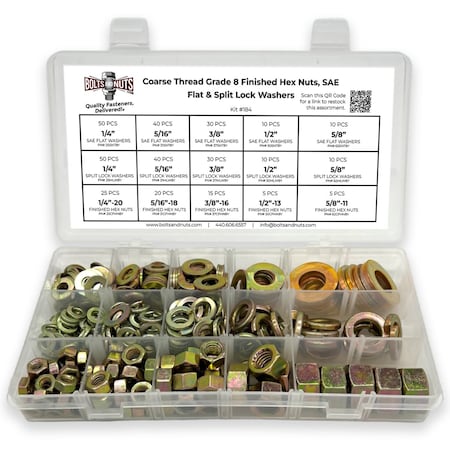 Boltsandnuts.Com Inch Grade 8 Hex Nut, Flat & Lock Washers Assortment - 351 Pcs Assortment Kit #184